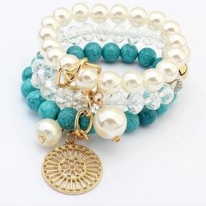 Boho Gold Turquoise Pearl 3 Strand Stretch Bracelet Set